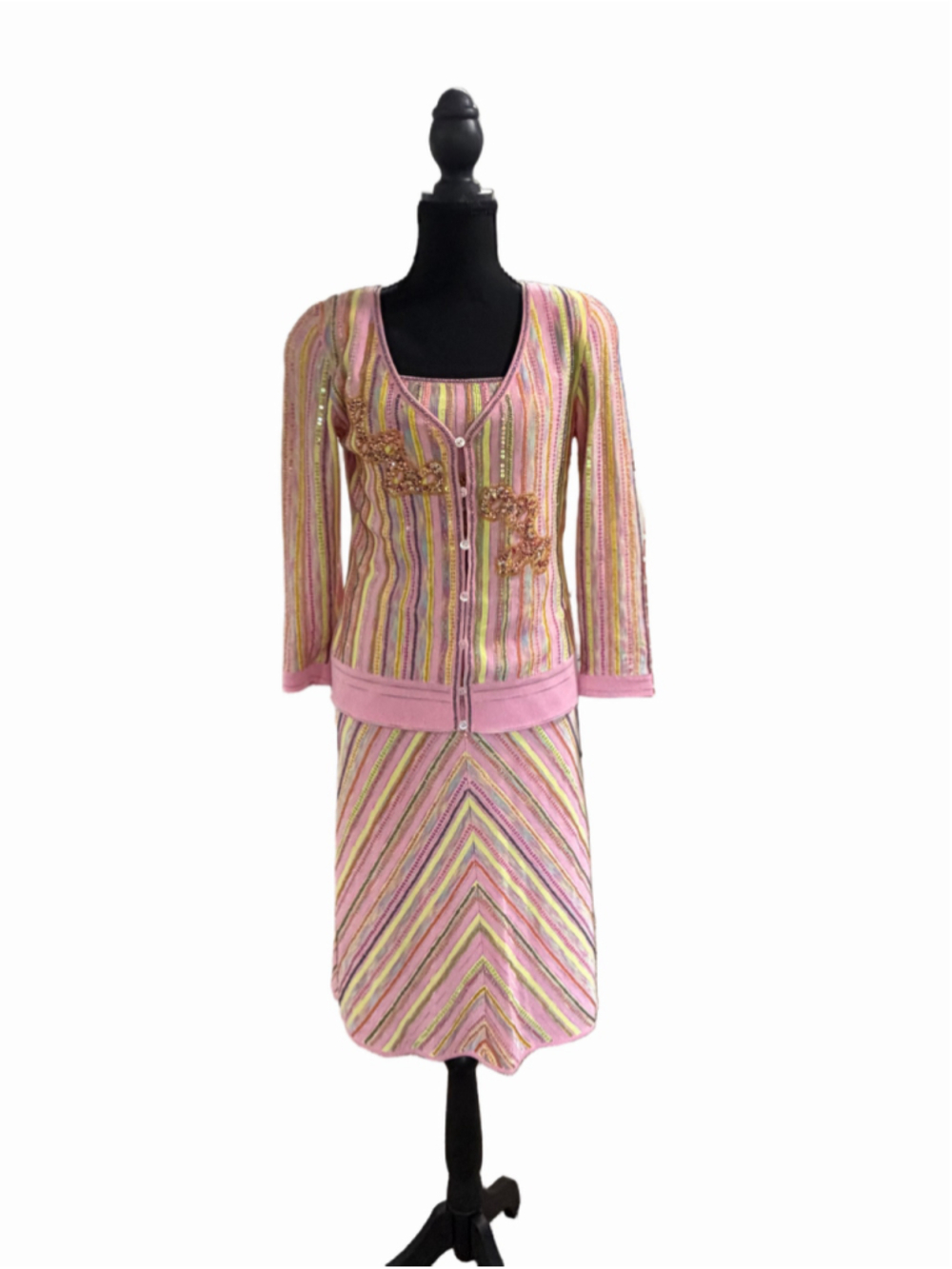 Vintage Escada 3pc Knit Set Sz 34, Pink Striped Beaded Designer Knitwear Suit